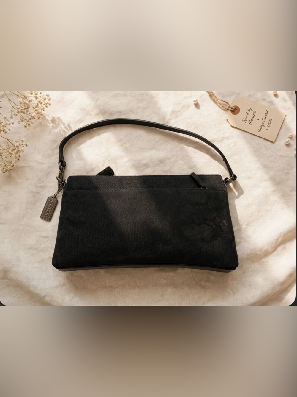 Vintage Coach Hamptons Black Twill Leather Demi Baguette 7407
